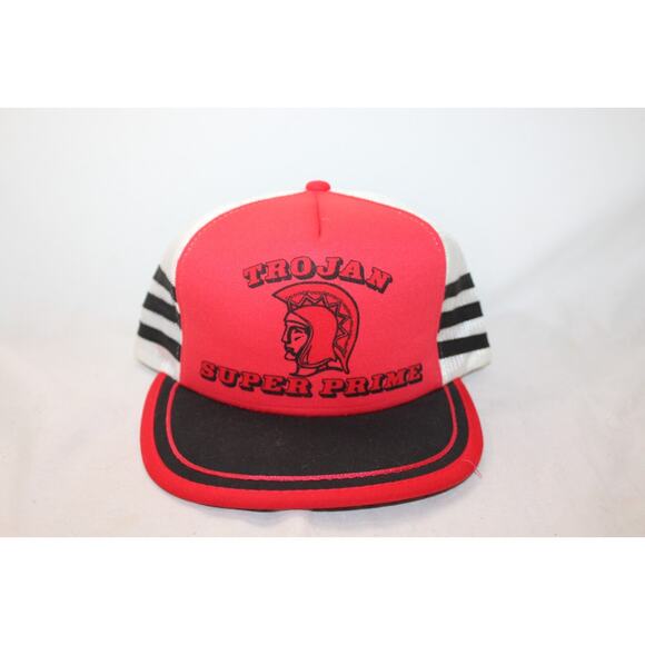 Vintage 1980's Trojan Explosive Super Prime 3 Stripe Hat USA Trucker Snapback - Picture 1 of 8
